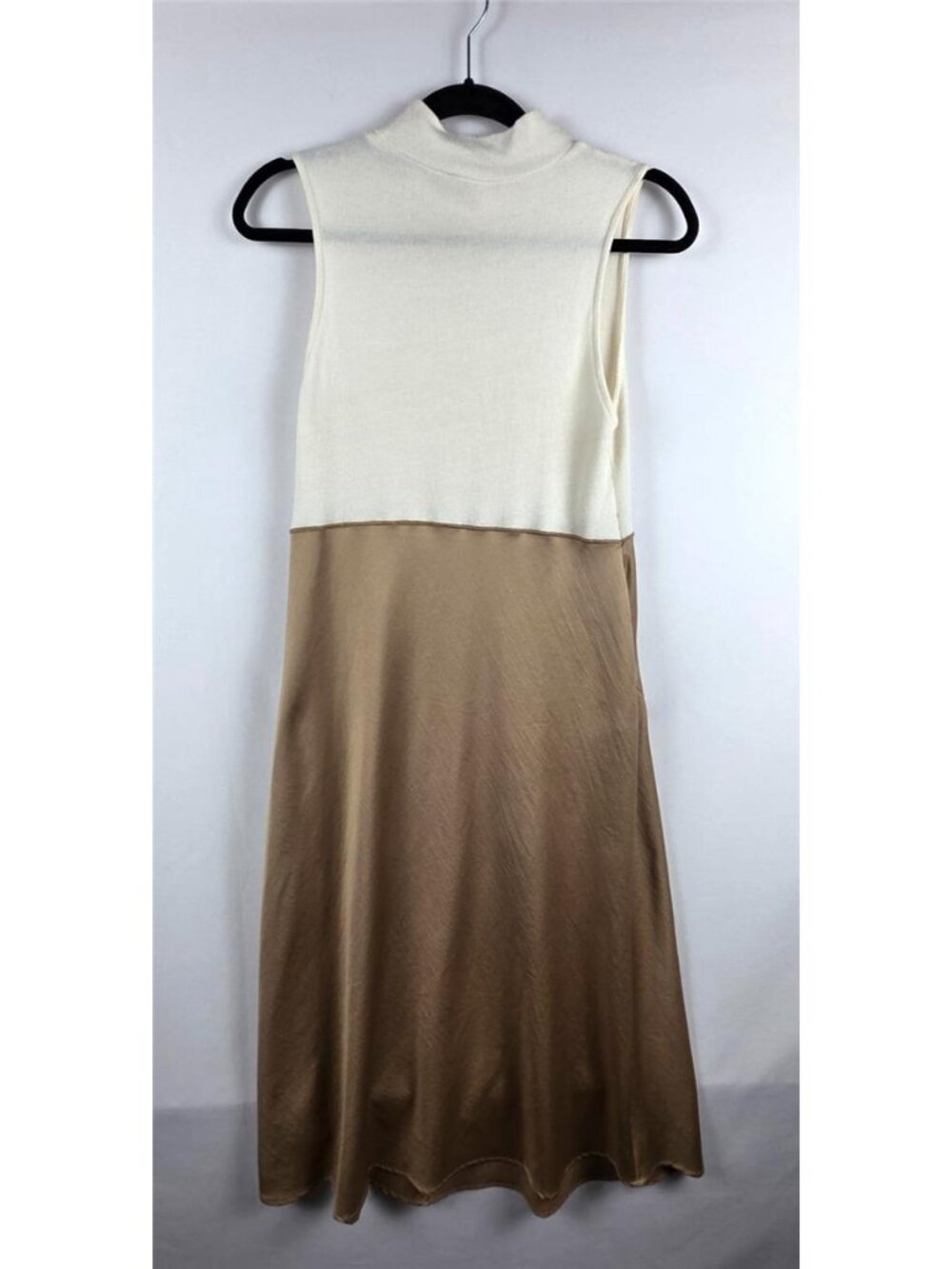 Zara Mock Neck Combination Midi Dress Satin Effect Tan Ivory Minimalist S - Picture 6 of 9